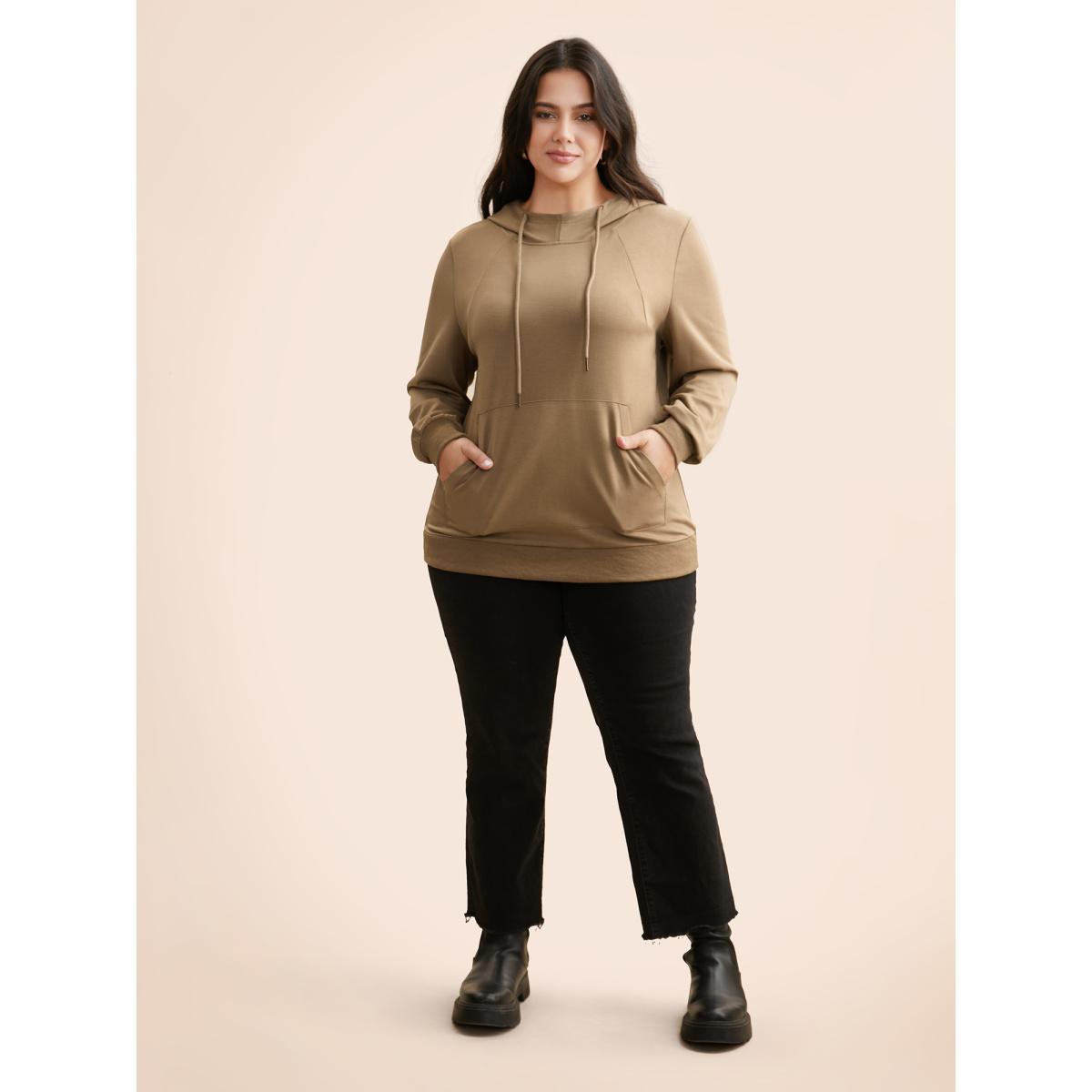 Plus Size Airy Cozy Hooded Sweatshirt Women Tan Casual Patchwork Hooded Everyday Sweatshirts BloomChic 28/5X Product Image