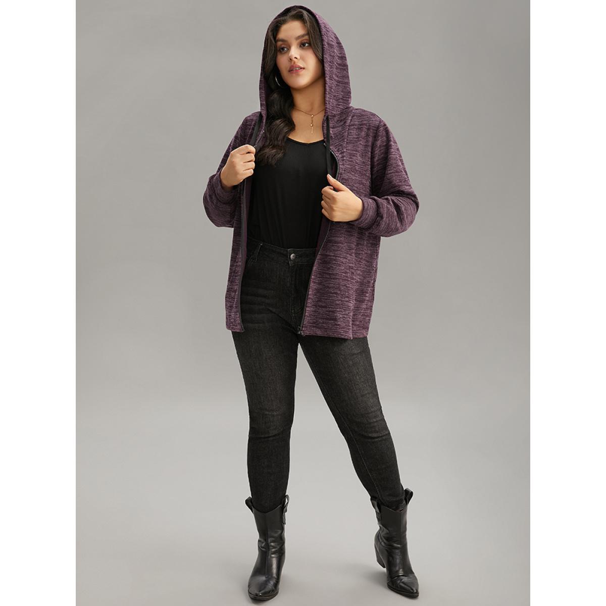 Plus Size Solid Heather Pocket Hooded Zipper Sweatshirt Women Purple Casual Heather Hooded Dailywear Sweatshirts BloomChic 12/L Product Image