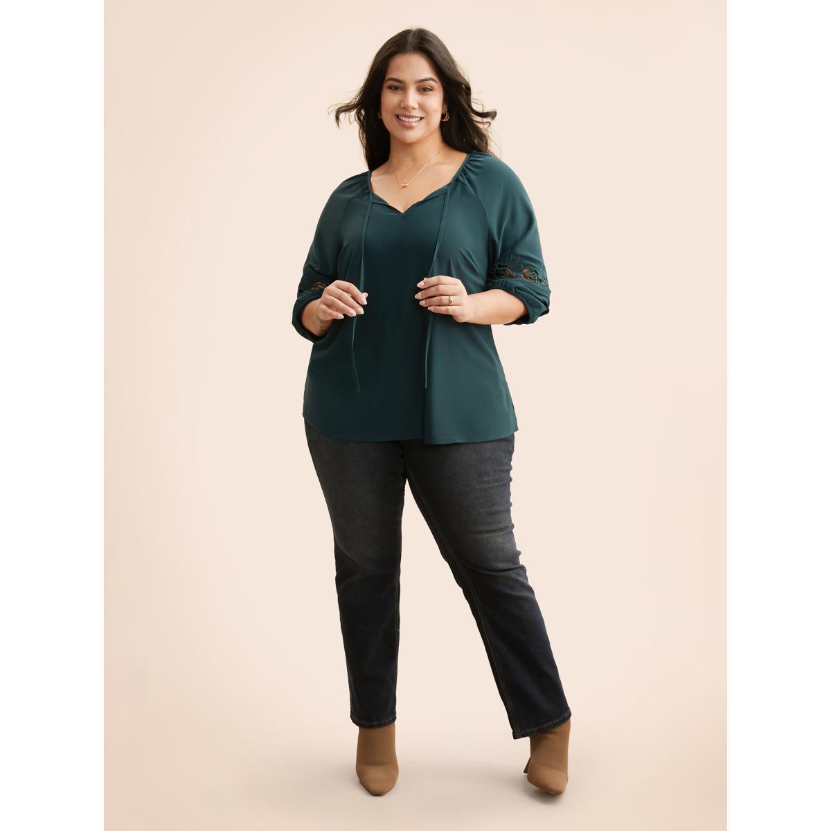 Plus Size DarkGreen Broderie Anglaise Gathered Tie Knot Blouse Women Elegant Elbow-length sleeve V-neck Everyday Blouses BloomChic 30/6X Product Image
