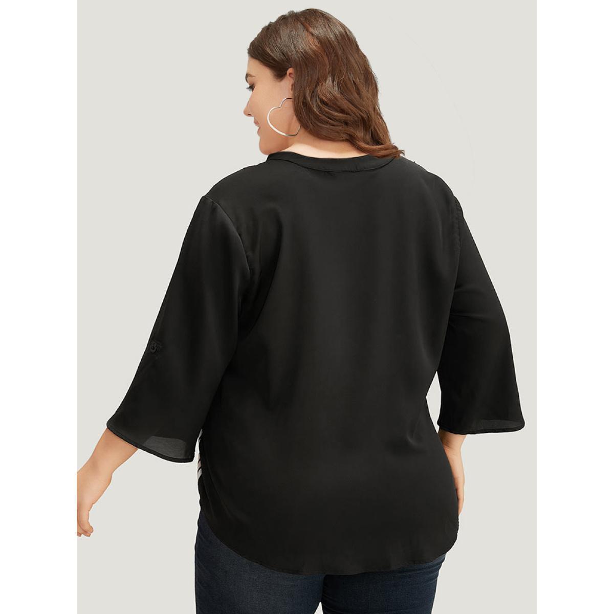 Plus Size Black Striped Patchwork Tab Sleeve Blouse Women Office Elbow-length sleeve V-neck Work Blouses BloomChic 10/M Product Image