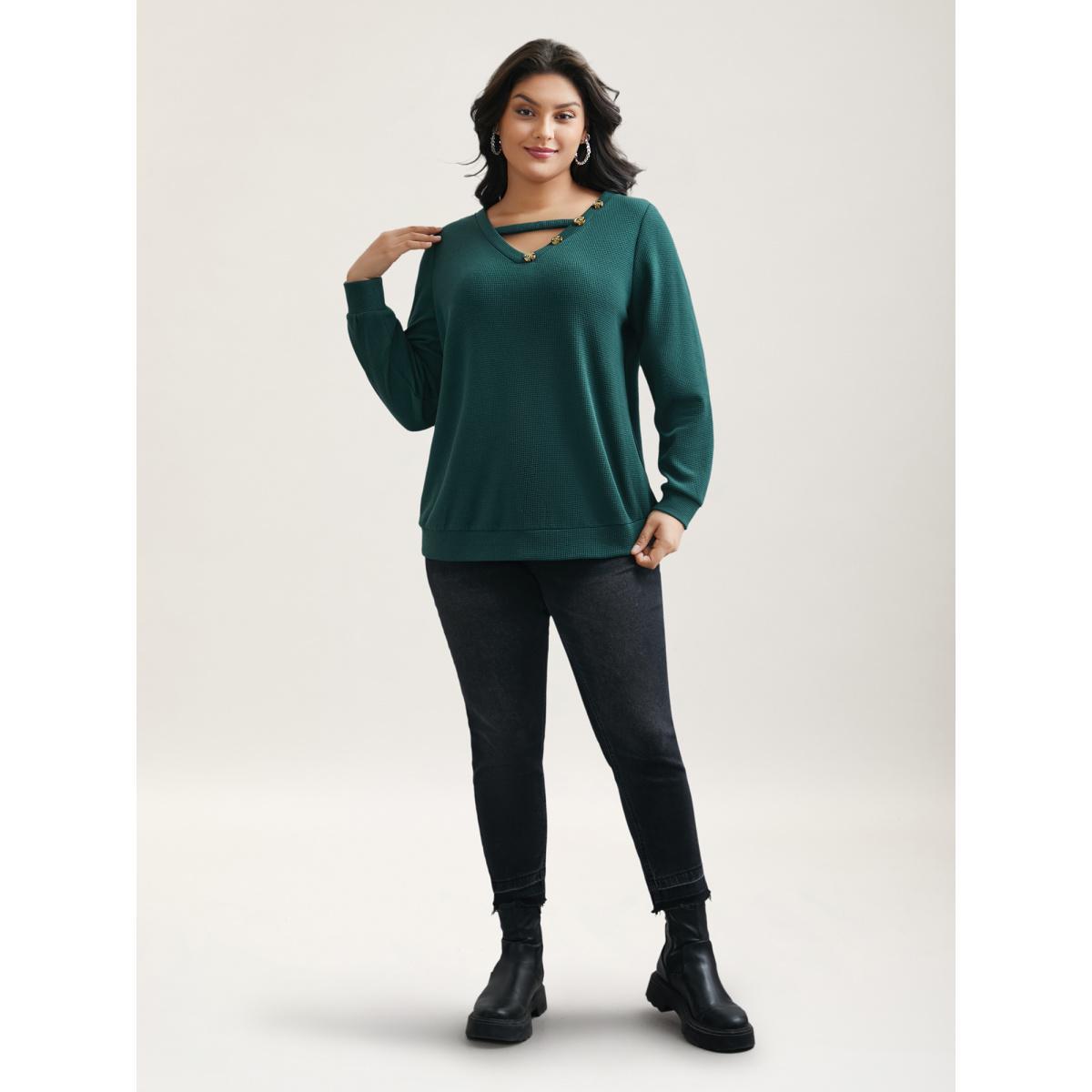 Plus Size Neck Cut-Out Button Detail Sweatshirt Women DarkSlateGray Casual Cut-Out V-neck Everyday Sweatshirts BloomChic 10/M Product Image