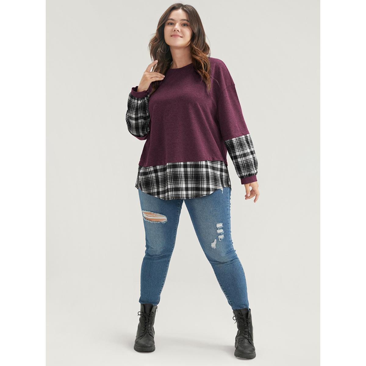 Plus Size Plaid Patchwork Round Neck Arc Hem Sweatshirt Women Burgundy Casual Contrast Round Neck Dailywear Sweatshirts BloomChic 28/5X Product Image