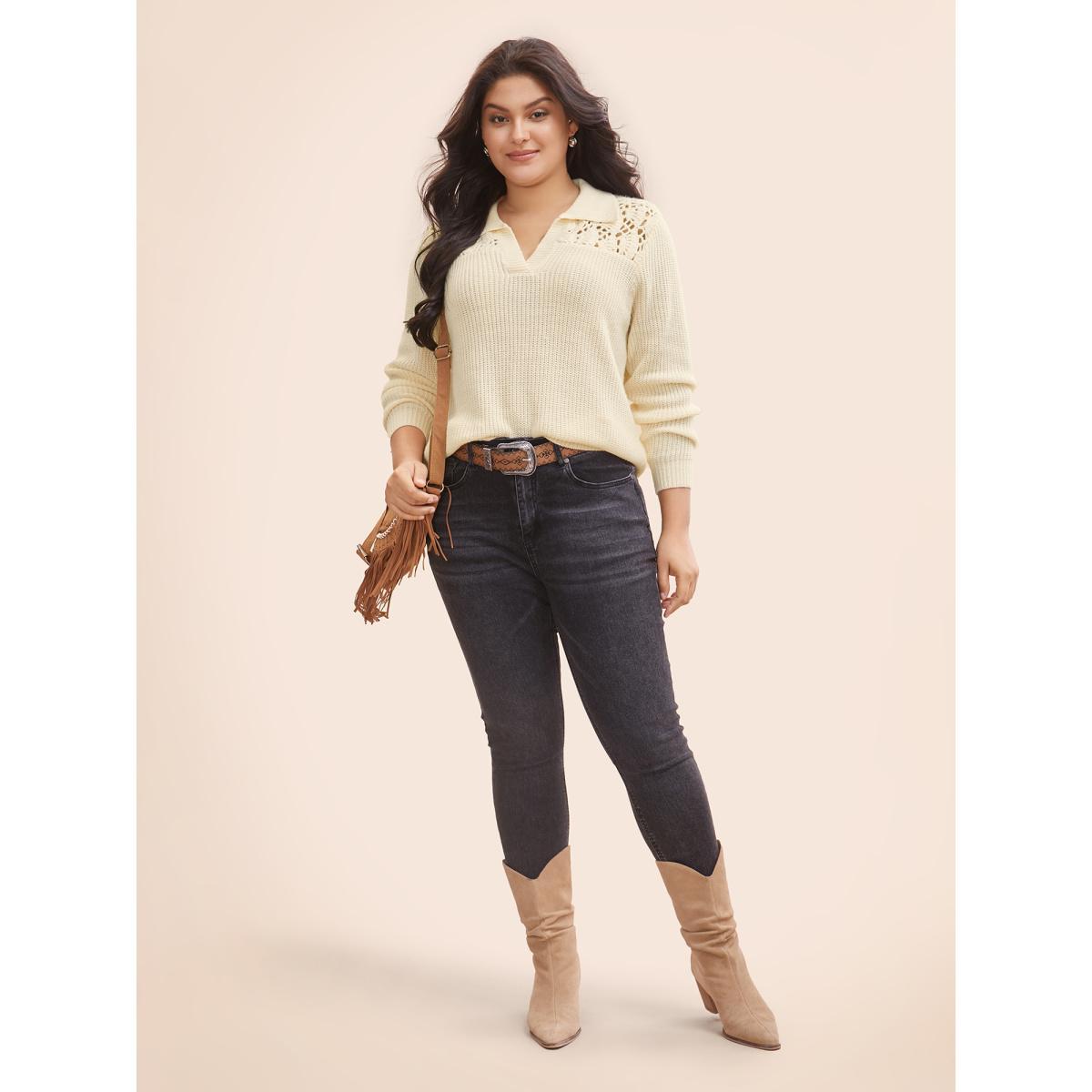 Plus Size Hand Crocheted Polo Collared Pullover Beige Women Casual Long Sleeve Polo Everyday Pullovers BloomChic 30/6X Product Image