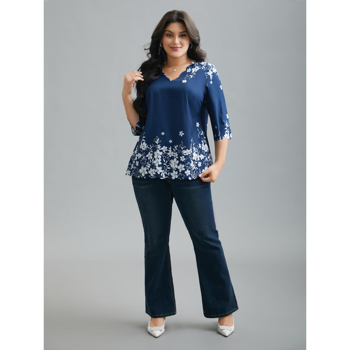 Plus Size Indigo Laser Cut Floral Boho Print Blouse Women Elegant Elbow-length sleeve V-neck Everyday Blouses BloomChic 18-20/2X Product Image