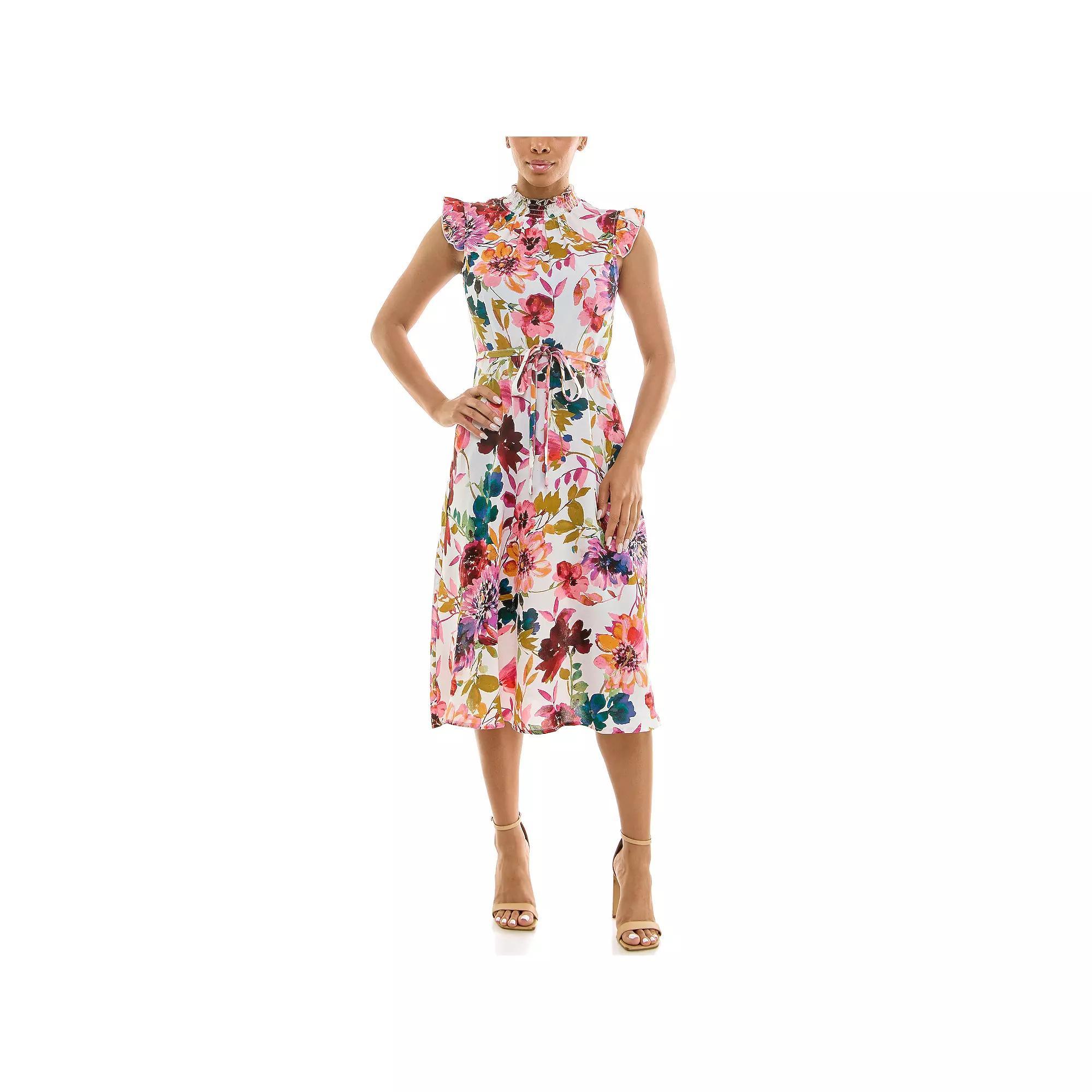 Women's Nina Leonard Smocked Printed Dress, Size: XL, Praline Team Product Image