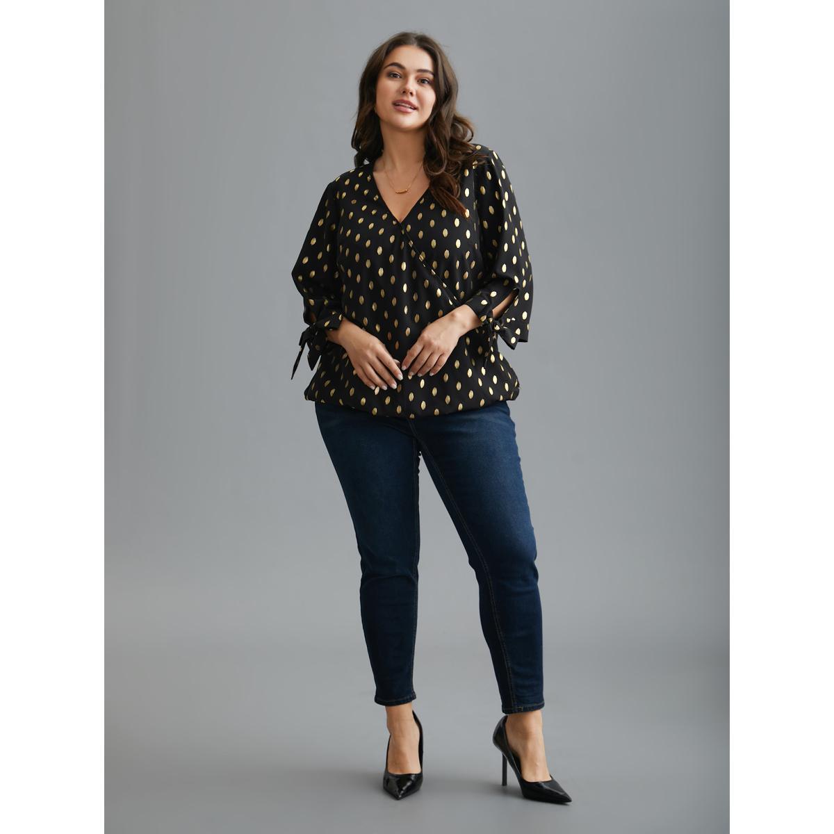 Plus Size Black Glitter Overlap Collar Tie Knot Blouse Women Cocktail Elbow-length sleeve Overlap Collar Party Blouses BloomChic 10/M Product Image