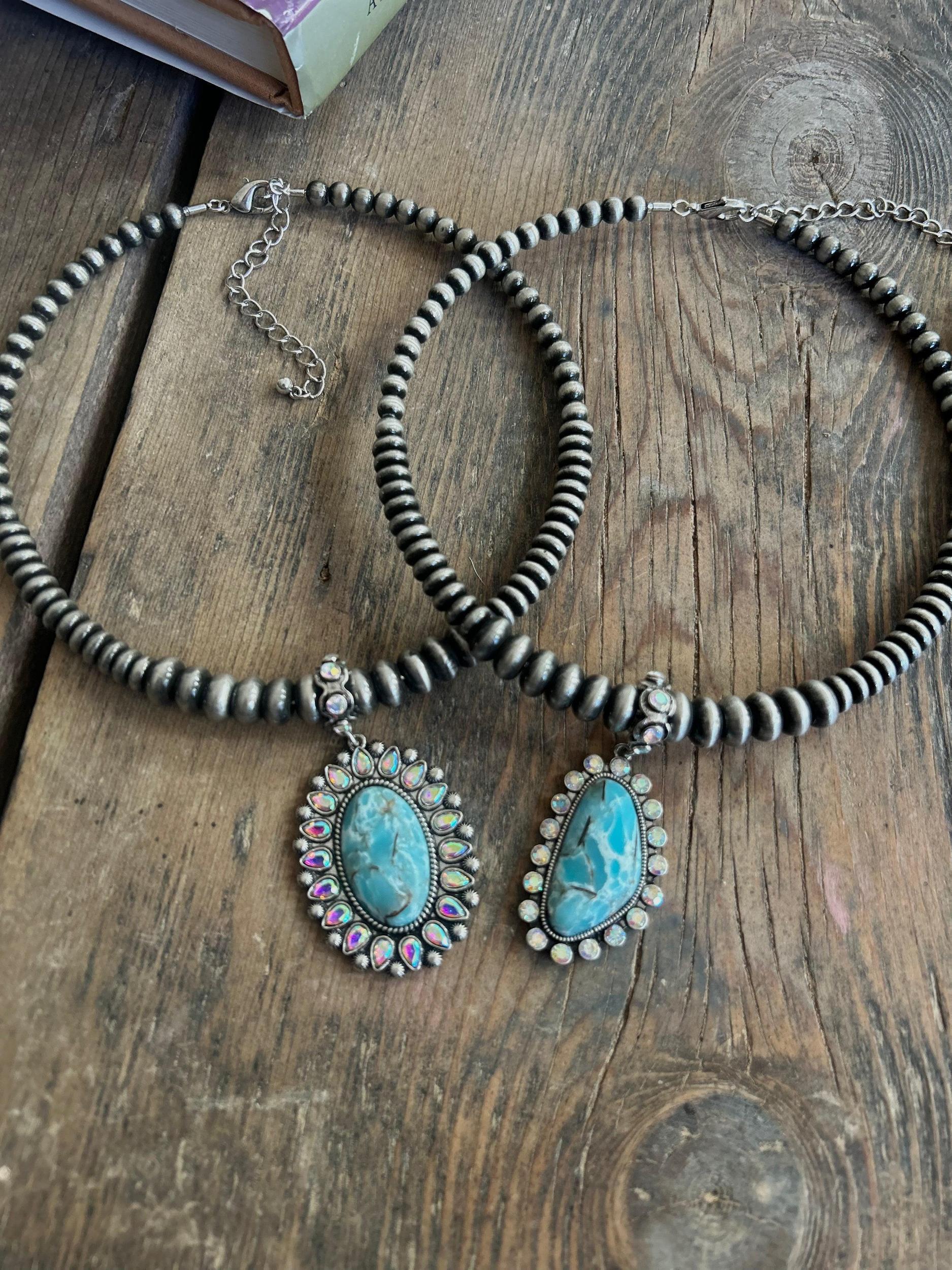 Silver Navajo Inspired Beaded Coil Choker Necklace With Rhinestone and Turquoise Pendant - 2 Pendant Styles Available Product Image