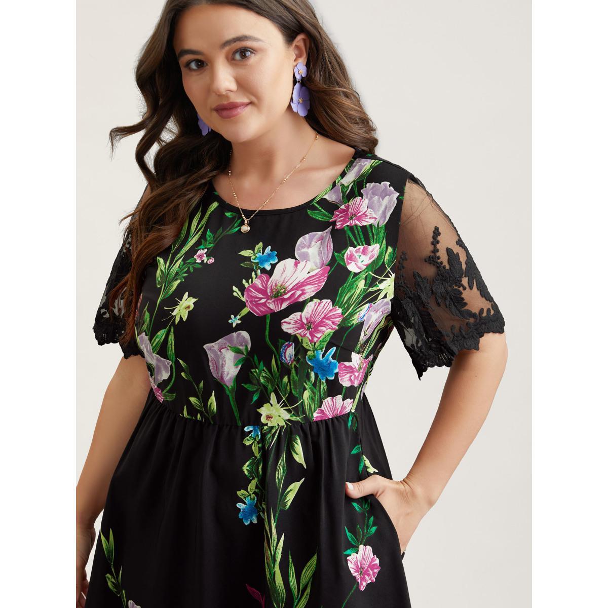 Plus Size Floral Print Flared Sleeve Spliced Midi Dress Black Women Elegant See through Round Neck Short sleeve Curvy BloomChic 28/5X Product Image