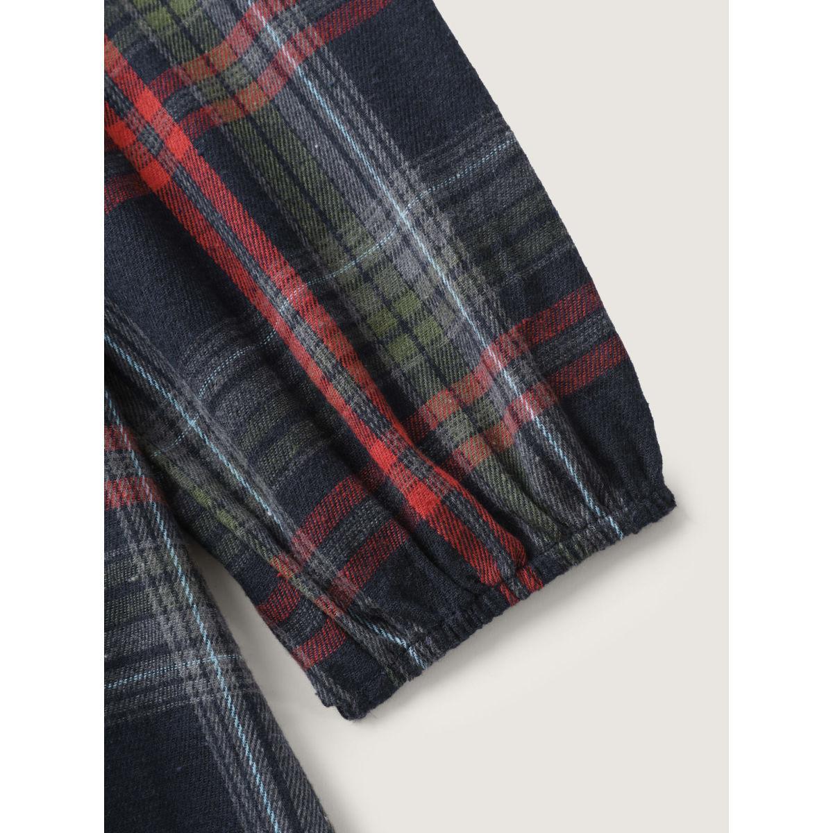 Plus Size Plaid Button Detail Pocket Belted Arc Hem Dress DarkBlue Women Casual Pocket Shirt collar Long Sleeve Curvy Midi Dress BloomChic 18-20/2X Product Image