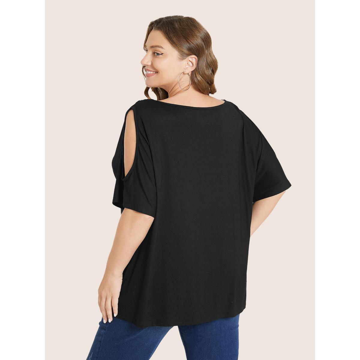 Plus Size Plain Cut Out V Neck T-shirt Black Women Elegant Cut-Out Plain V-neck Everyday T-shirts BloomChic 30/6X Product Image