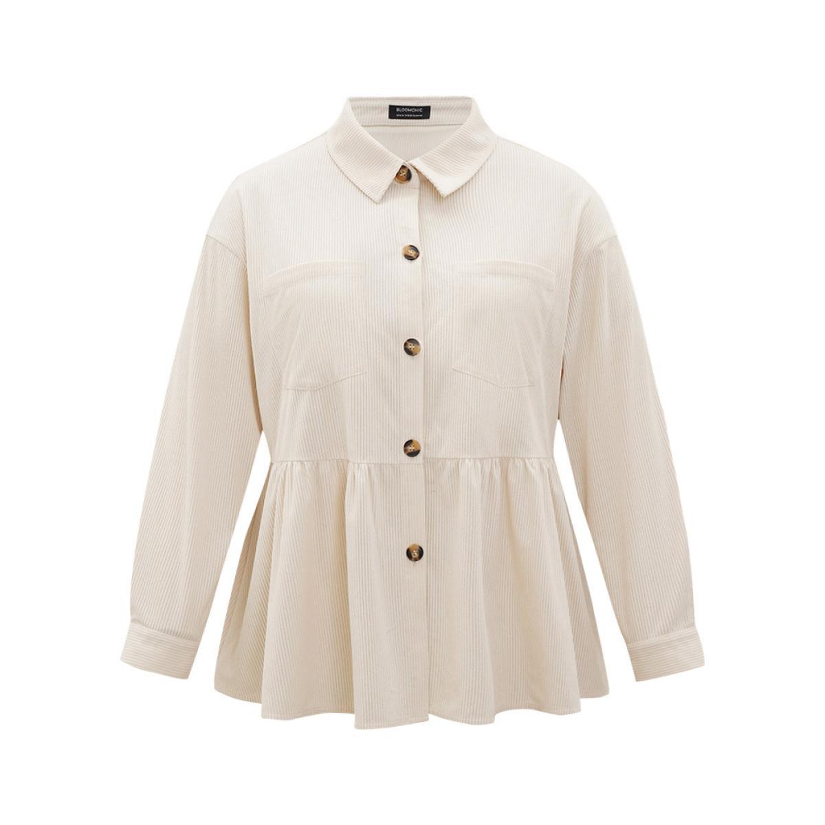 Plus Size Plain Shirt Collar Button Through Ruffle Hem Pocket Coat Women Beige Button Pocket Dailywear Jackets BloomChic 12/L Product Image