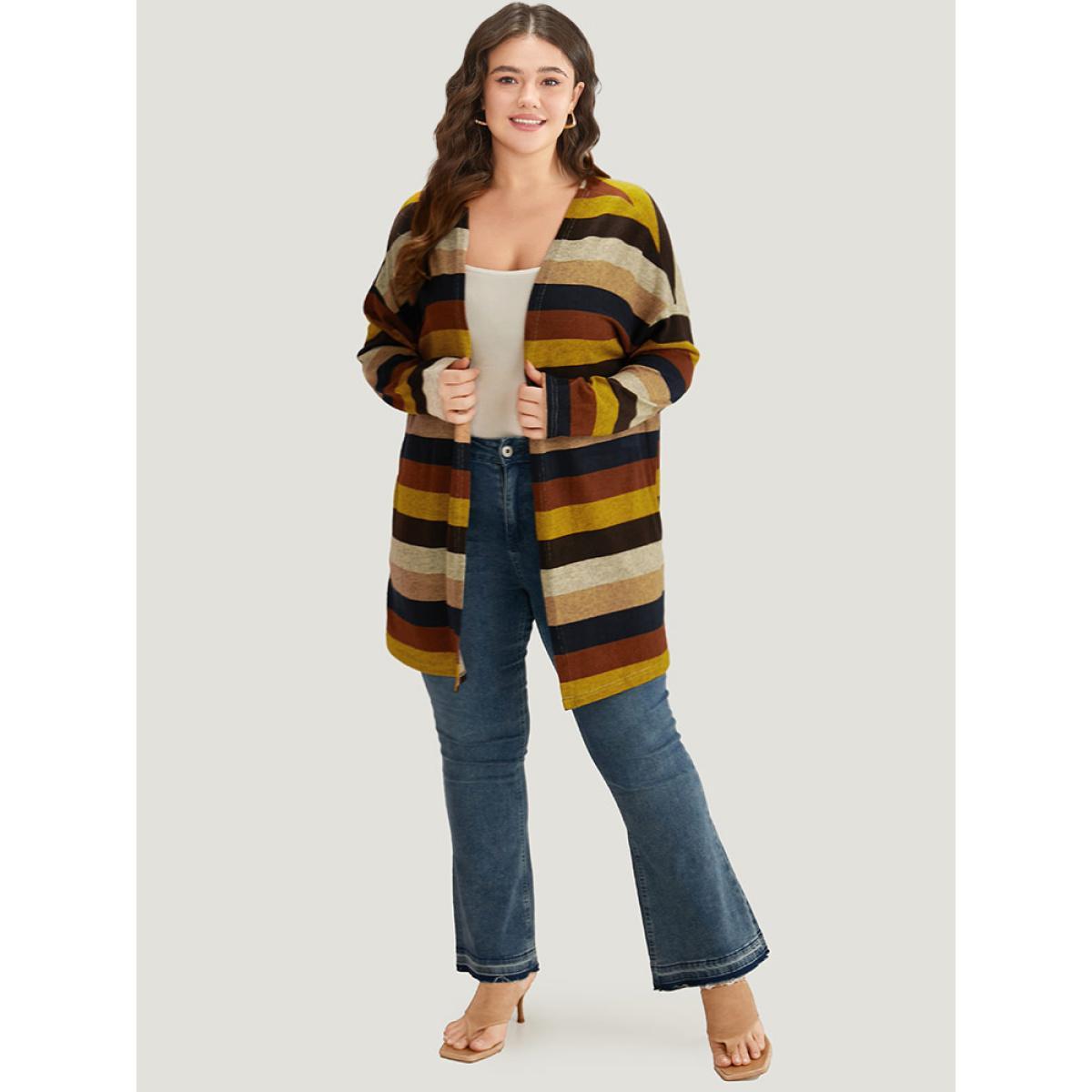 Plus Size Striped Contrast Open Front Kimono Women DarkBrown Casual Contrast Dailywear Kimonos BloomChic 22-24/3X Product Image