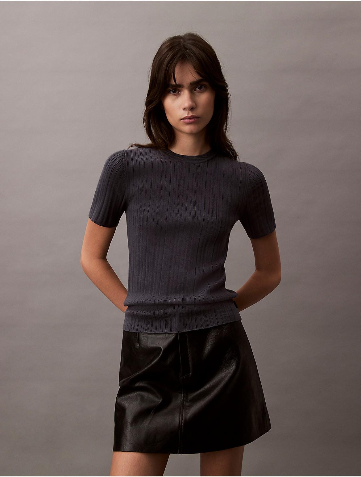 Calvin Klein Women's Variegated Rib Slim T-Shirt - Blue - L Product Image