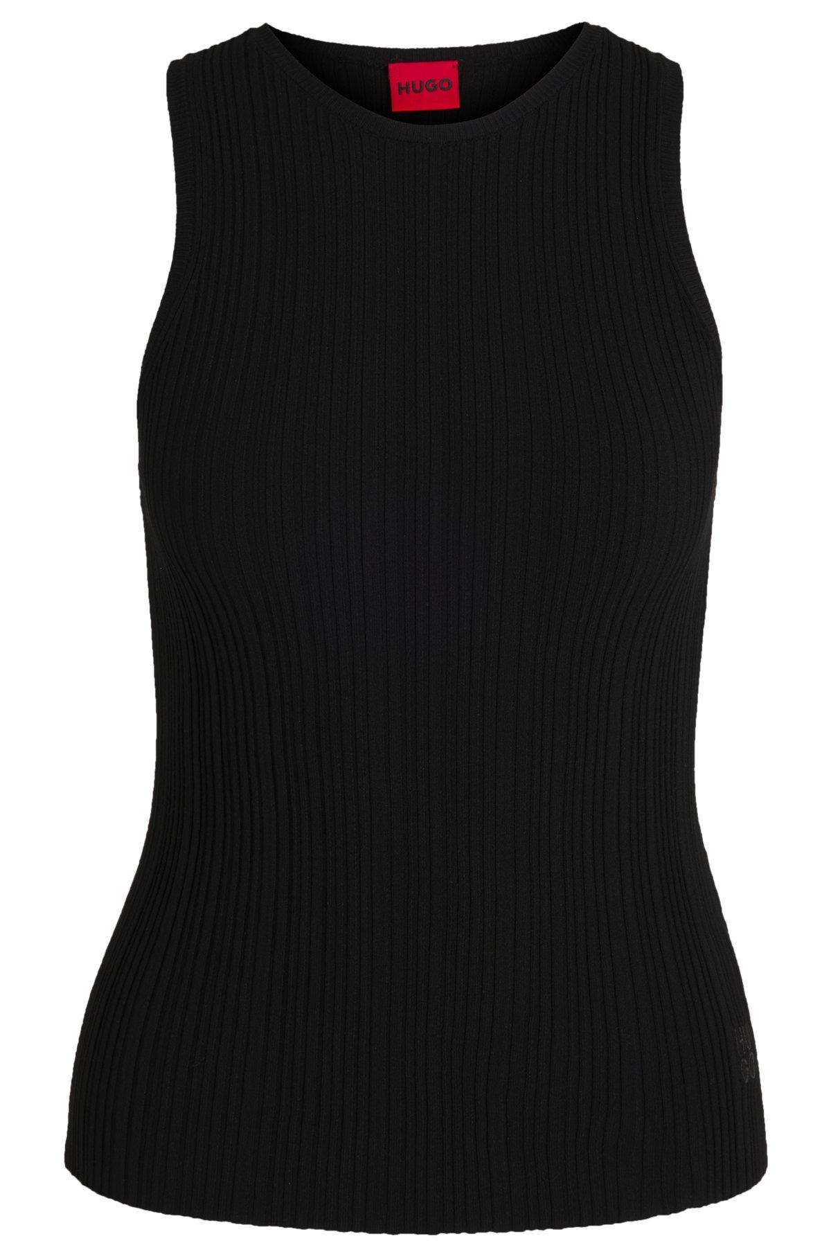 HUGO - Sleeveless racer-back top in ribbed crepe fabric - Black Product Image