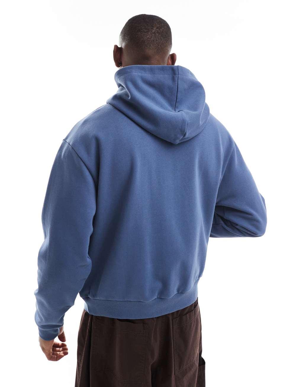 ASOS DESIGN boxy oversized hoodie with raw edge print in blue Product Image