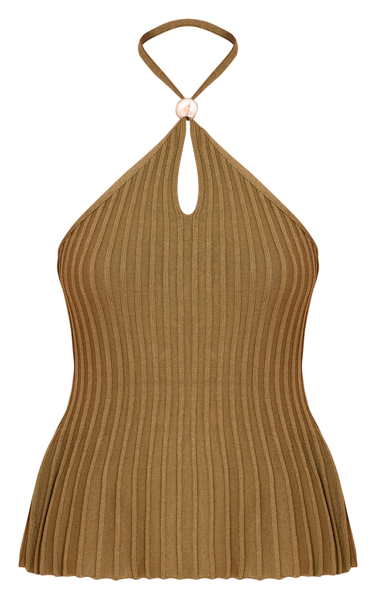 Olive Halterneck Bead Detail Knit Top Product Image