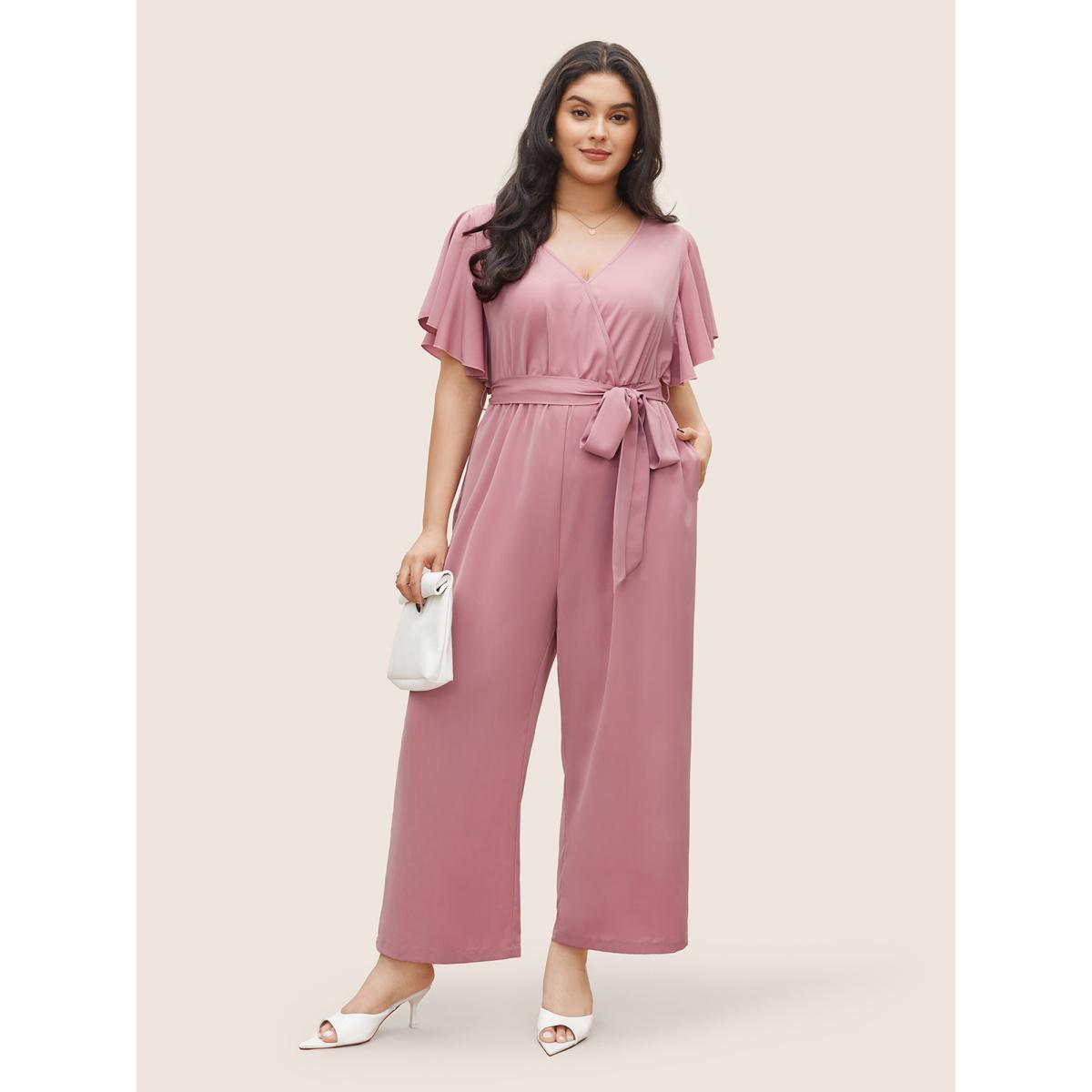 Plus Size Rouge Anti-Wrinkle Plain Belted Flutter Sleeve Zipper Jumpsuit Women Elegant Short sleeve Overlap Collar Everyday Loose Jumpsuits BloomChic 26/4X Product Image
