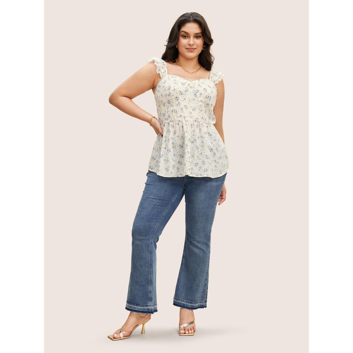 Plus Size Ditsy Floral Tiered Ruffles Lace Trim Tank Top Women WhiteSmoke Elegant Woven ribbon&lace trim Heart neckline Everyday Tank Tops Camis BloomChic 28/5X Product Image
