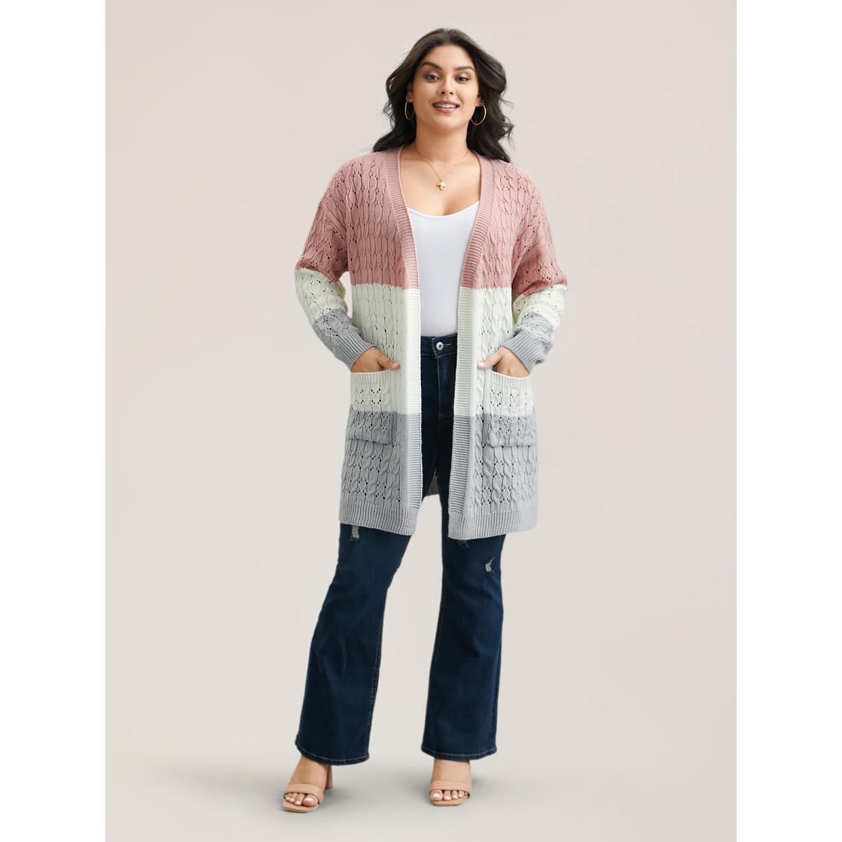 Plus Size Cable Knot Color-Block Open-Front Cardigan Crepe Women Casual Loose Long Sleeve Everyday Cardigans BloomChic 10/M Product Image
