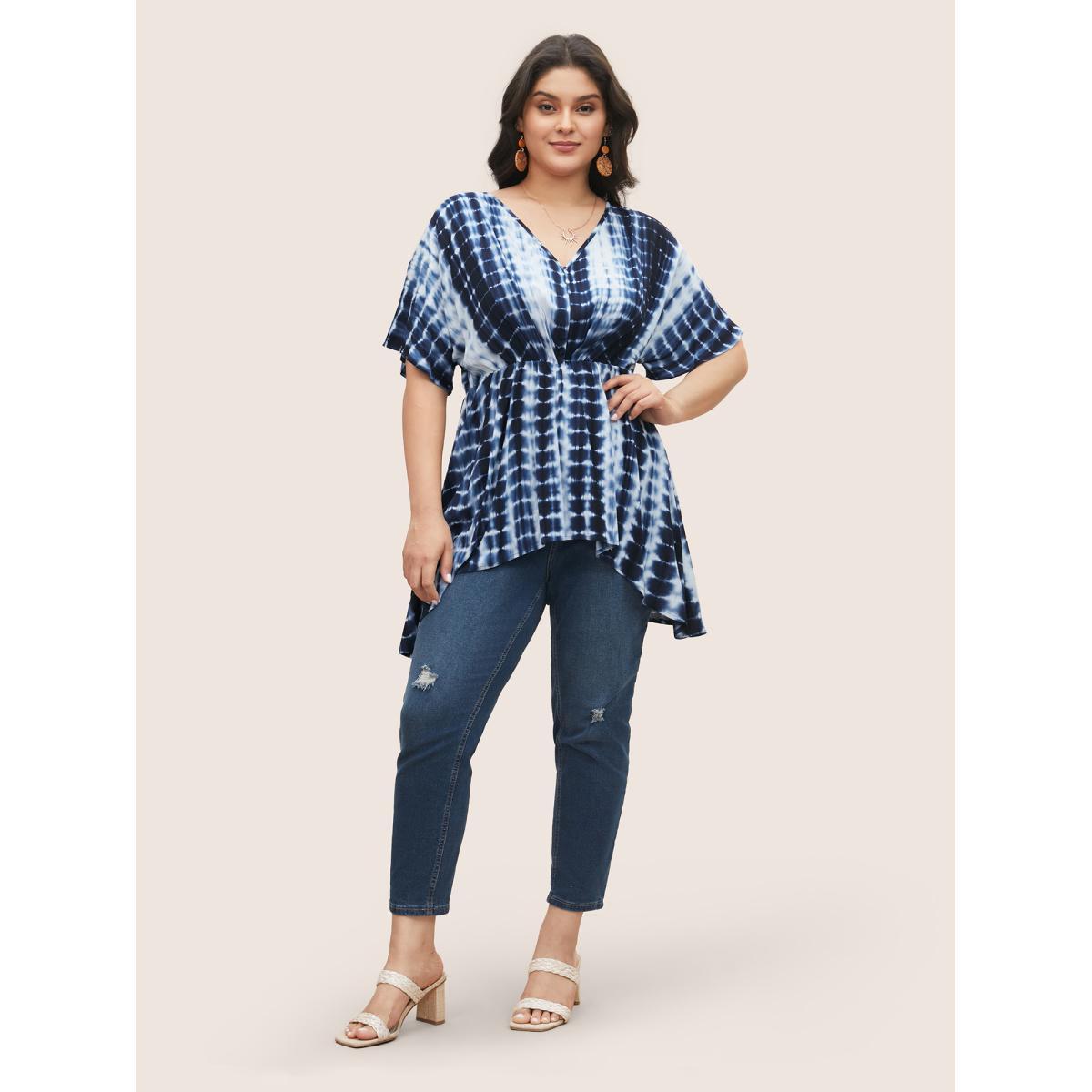 Plus Size Indigo Rayon Tie Dye Asymmetrical Hem Blouse Women Resort Half Sleeve V-neck Vacation Blouses BloomChic 12/L Product Image