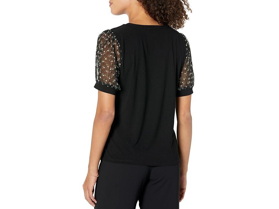 CeCe Round Neck Short Puff Sleeve Mixed Media Knit Shirt Product Image