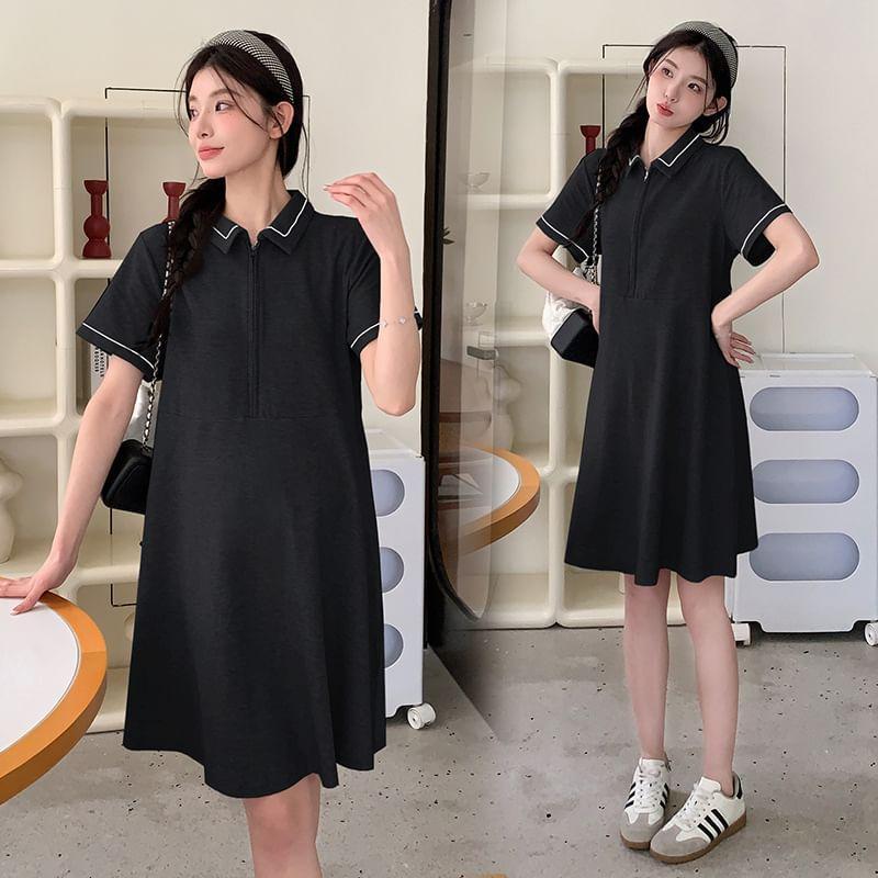 Maternity Short-Sleeve Contrast Trim Half-Zip Mini A-Line Polo Dress Product Image
