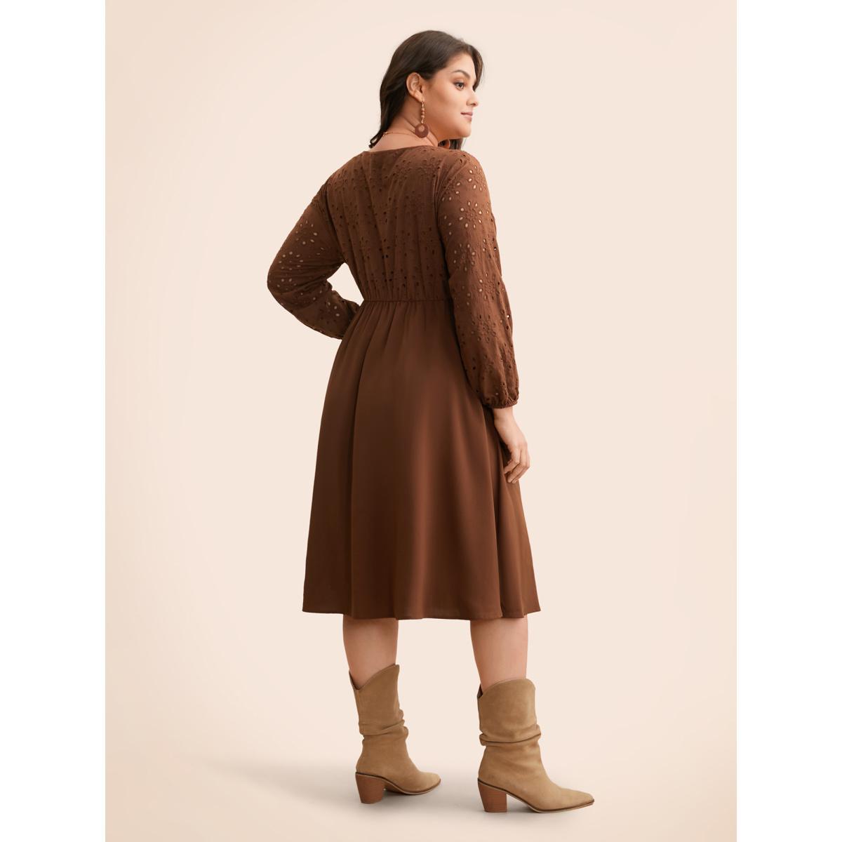 Plus Size Broderie Anglaise Patchwork Tie Knot Dress Browncoffeecolor Women Elegant Patchwork Round Neck Long Sleeve Curvy BloomChic 28/5X Product Image