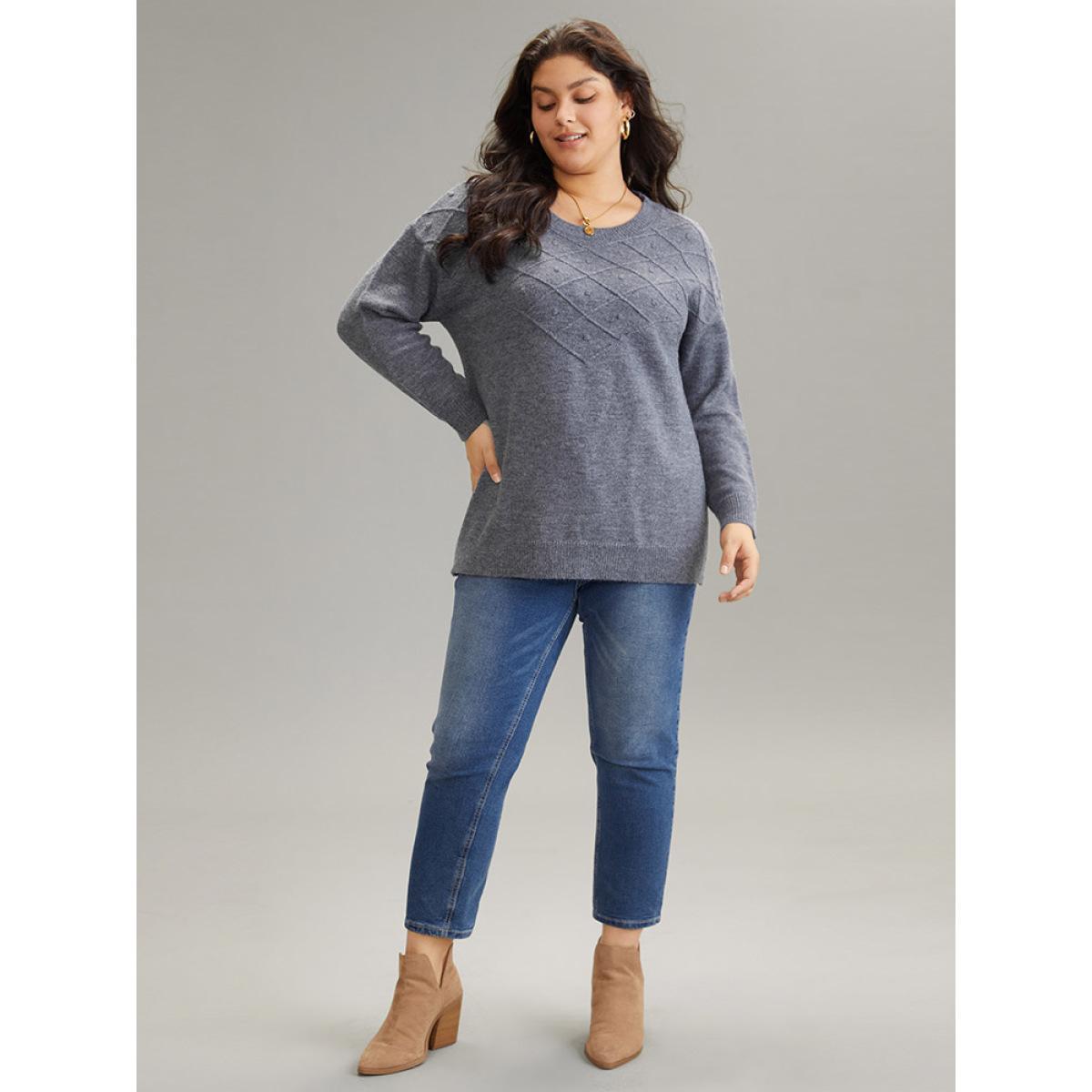 Plus Size Supersoft Essentials Textured Crew Neck Drop Shoulder Pullover DimGray Women Casual Loose Long Sleeve Round Neck Dailywear Pullovers BloomChic 30/6X Product Image