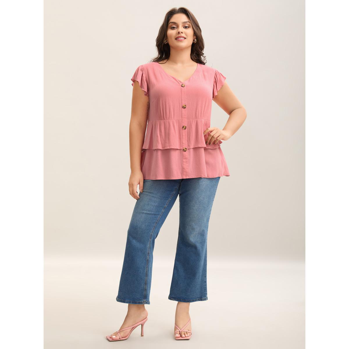 Plus Size Watermelon Rayon Ruffled Layered Hem Button Blouse Women Cap Sleeve V-neck Everyday-Elegant Blouses BloomChic 30/6X Product Image