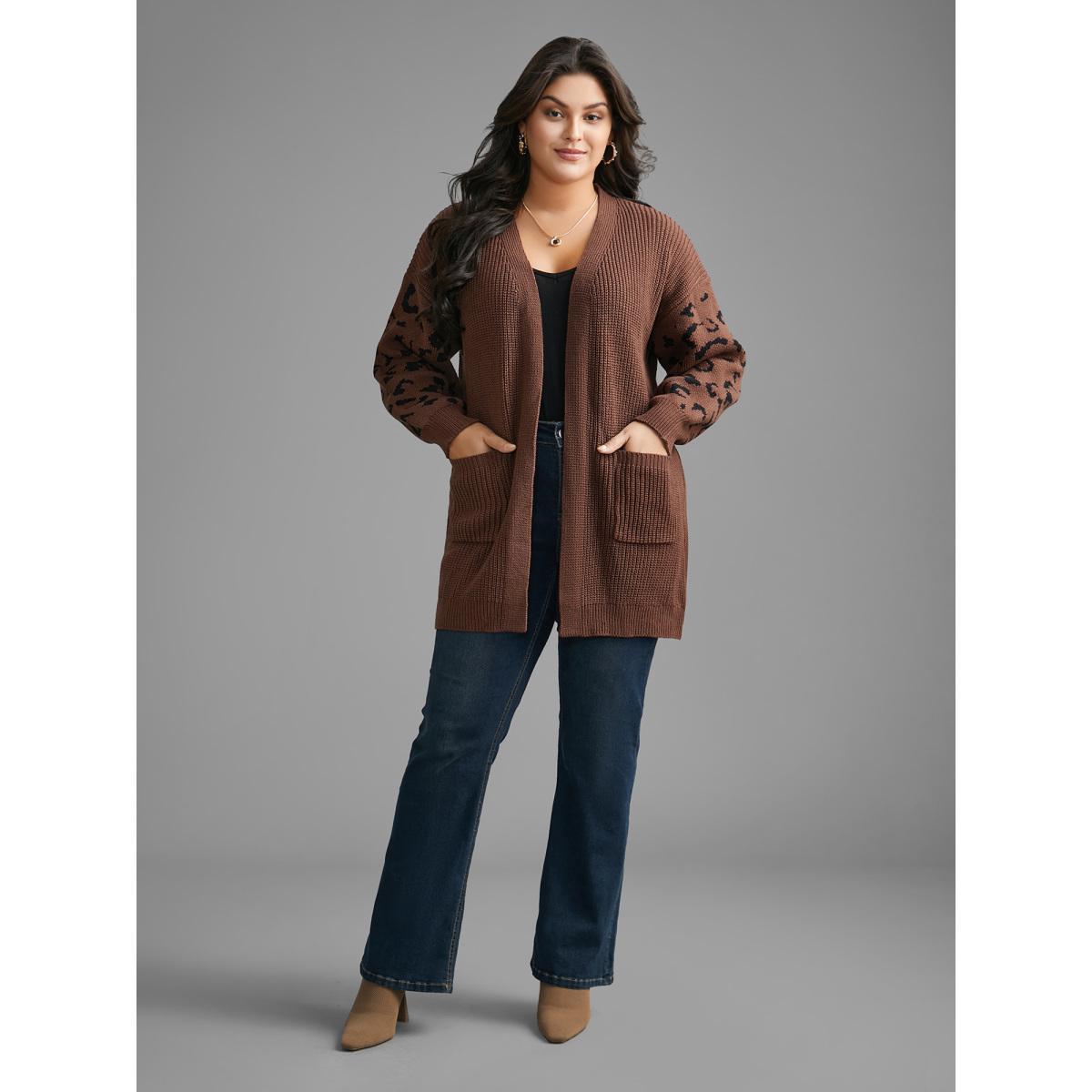 Plus Size Leopard Print Patchwork Lantern Sleeve Cardigan Browncoffeecolor Women Casual Loose Long Sleeve Everyday Cardigans BloomChic 14-16/1X Product Image
