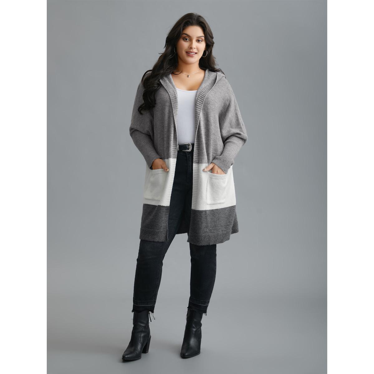 Plus Size Color Block Dolman Sleeves Hooded Knit Cardigan Mediumgray Women Casual Loose Long Sleeve Everyday Cardigans BloomChic 28/5X Product Image
