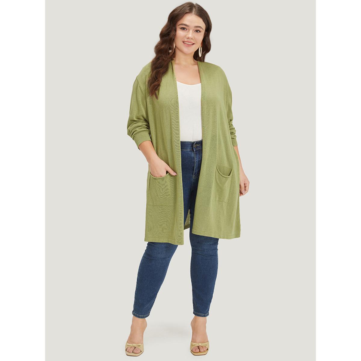 Plus Size Solid Patched Pocket Open Front Tunic Cardigan Moss Women Casual Loose Long Sleeve Dailywear Cardigans BloomChic 28/5X Product Image