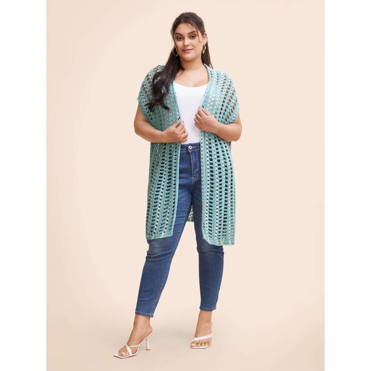 Plus Size Kimono Collar Cut Out Drop Shoulder Cardigan Turquoise Women Casual Loose Short sleeve Everyday Cardigans BloomChic 12/L Product Image