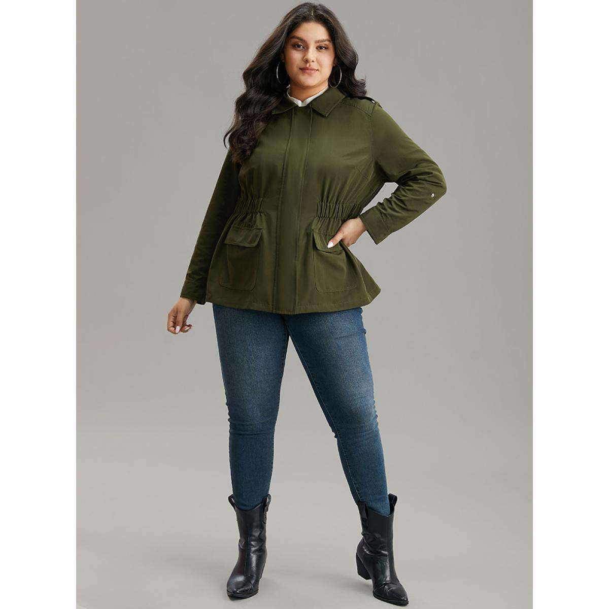 Plus Size Solid Elastic Waist Zipper Fly Flap Pocket Coat Women Cyan Casual Plain Ladies Dailywear Winter Coats BloomChic 30/6X Product Image