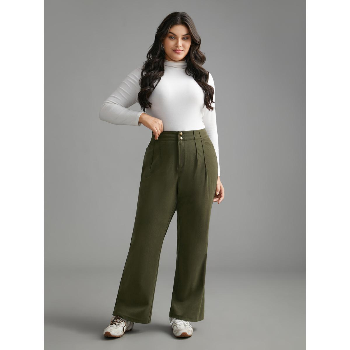 Plus Size Mid Rise Double Breasted Pleated Bootcut Pants Women ArmyGreen Elegant Bootcut Mid Rise Everyday Pants BloomChic 26/4X Product Image