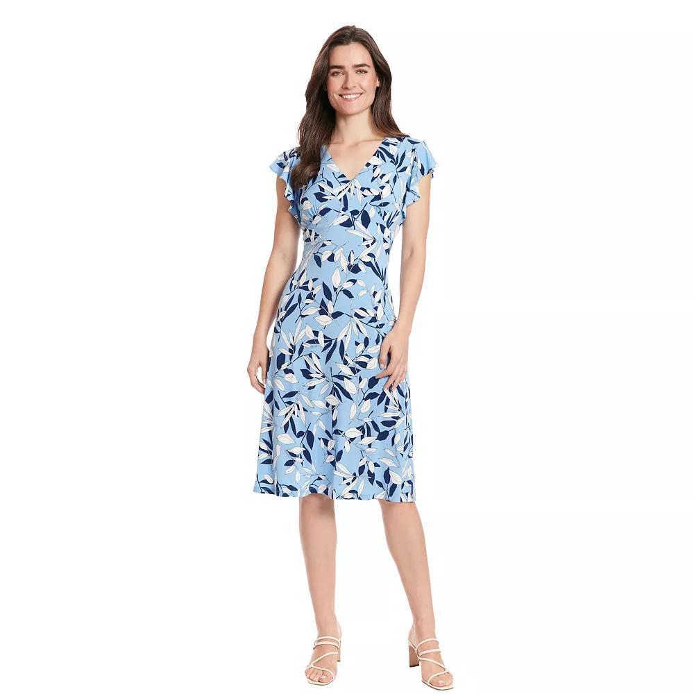 Womens London Times Ruffle Sleeve V-Neck Midi Dress Blue Pink Product Image