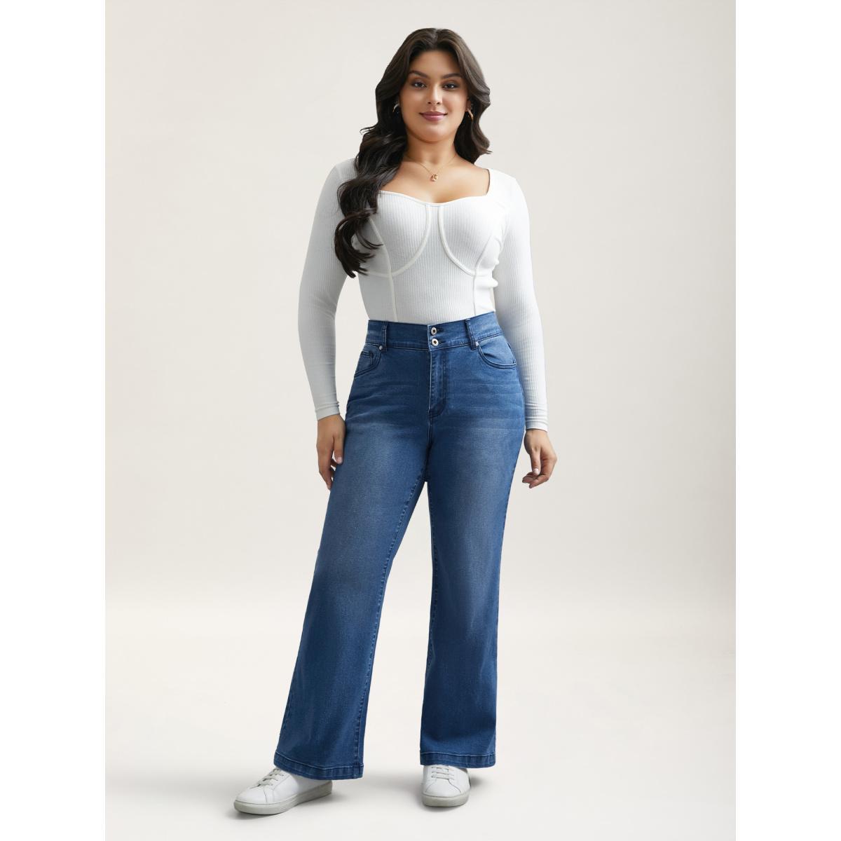 Plus Size Whiskered Stretchy Waist Bootcut Jeans Women Midblue Elegant Button Medium stretch Slanted pocket Jeans BloomChic 10/M Product Image