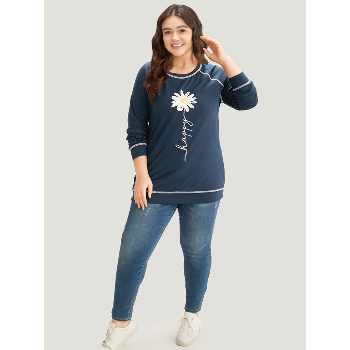 Plus Size Floral Print Stitch Crew Neck Raglan Sleeve Sweatshirt Women ArmyGreen Casual Elastic cuffs Dailywear Sweatshirts BloomChic 10/M Product Image