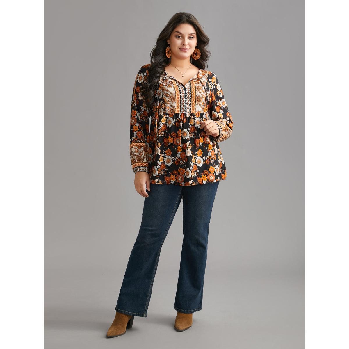 Plus Size Black Boho Print Tie Knot Lantern Sleeve Blouse Women Resort Long Sleeve Notched collar Vacation Blouses BloomChic 10/M Product Image