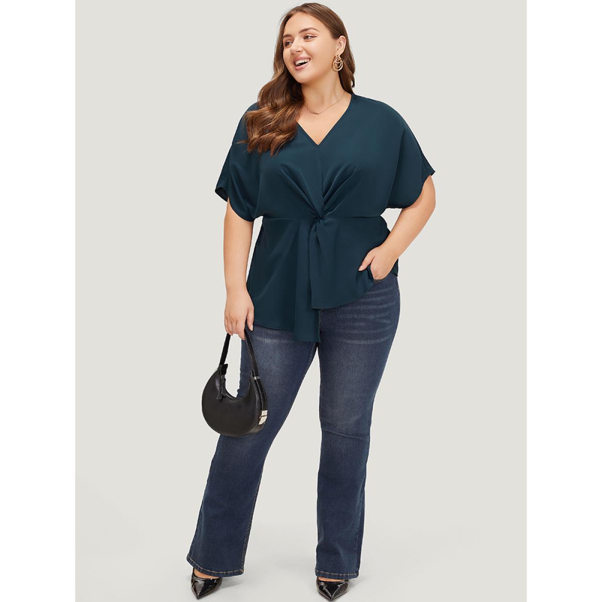Plus Size Indigo Plain Twist Front Dolman Sleeve Asymmetrical Hem Blouse Women Office Short sleeve V-neck Dailywear Blouses BloomChic 30/6X Product Image