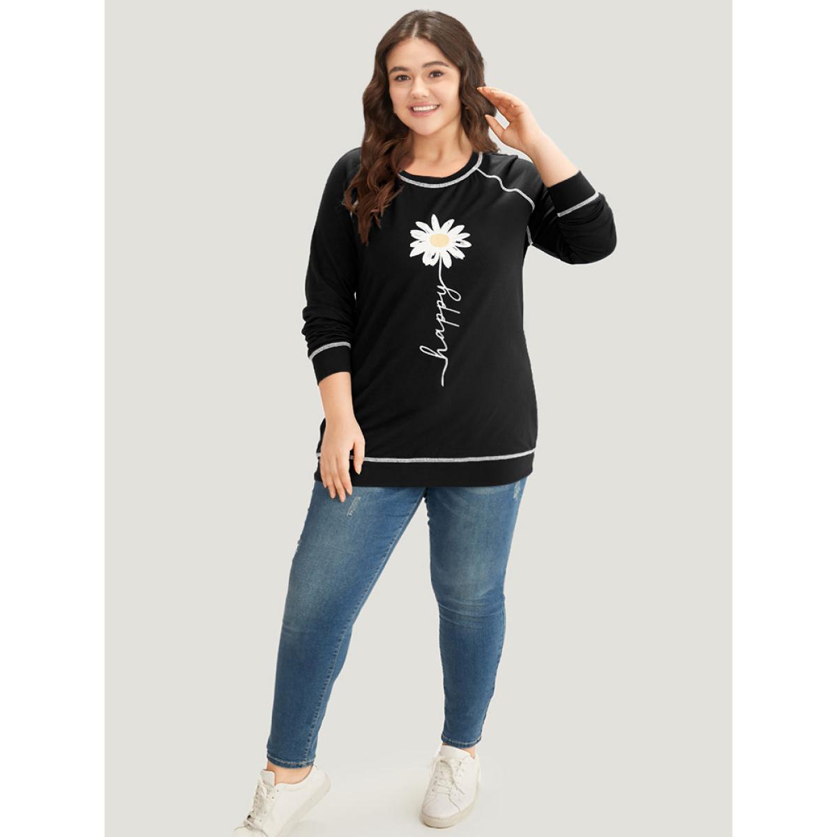 Plus Size Floral Print Stitch Crew Neck Raglan Sleeve Sweatshirt Women Black Casual Elastic cuffs Dailywear Sweatshirts BloomChic 10/M Product Image