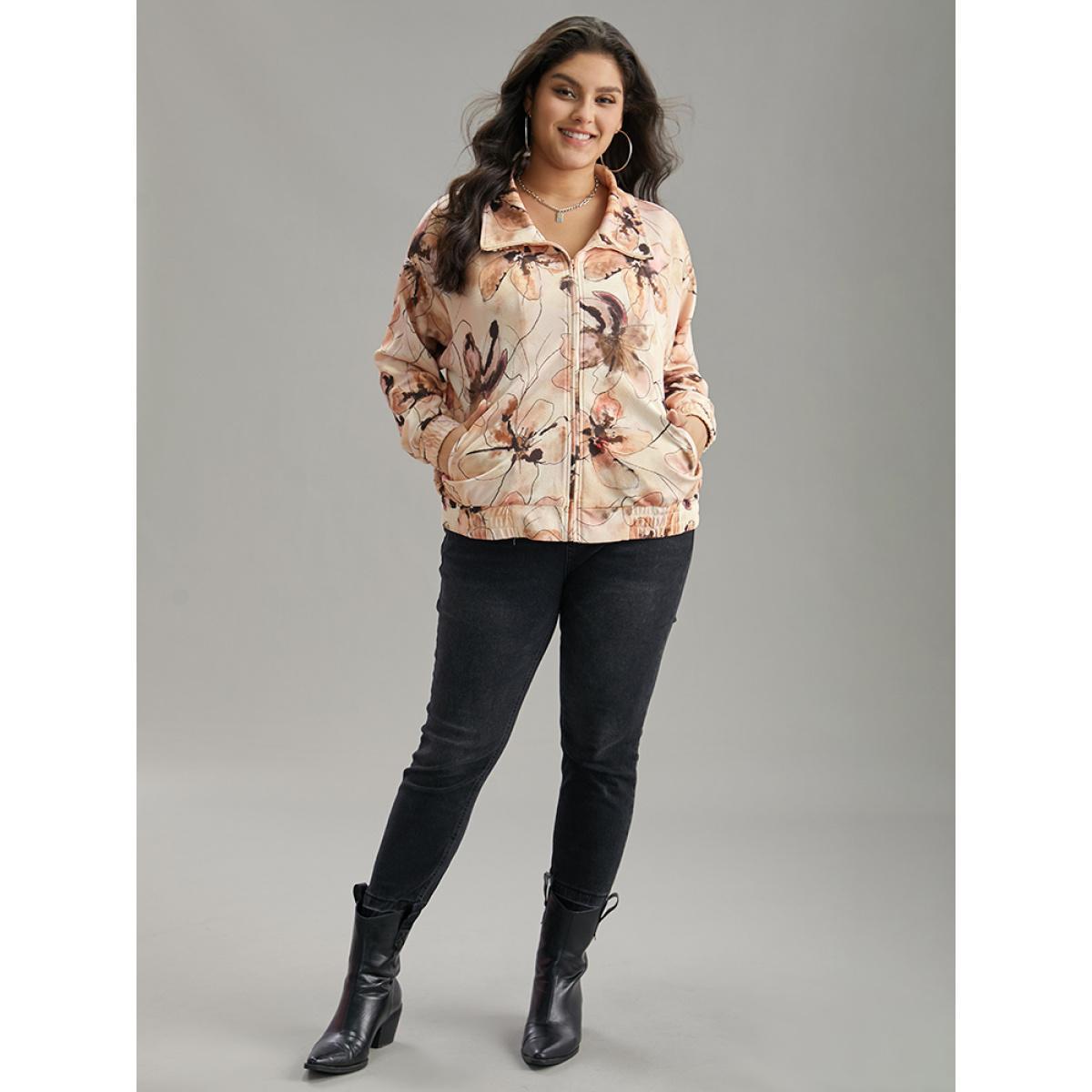 Plus Size Floral Zipper Gathered Elastic Cuffs Jacket Women Multicolor Elastic cuffs Pocket Dailywear Jackets BloomChic 18-20/2X Product Image