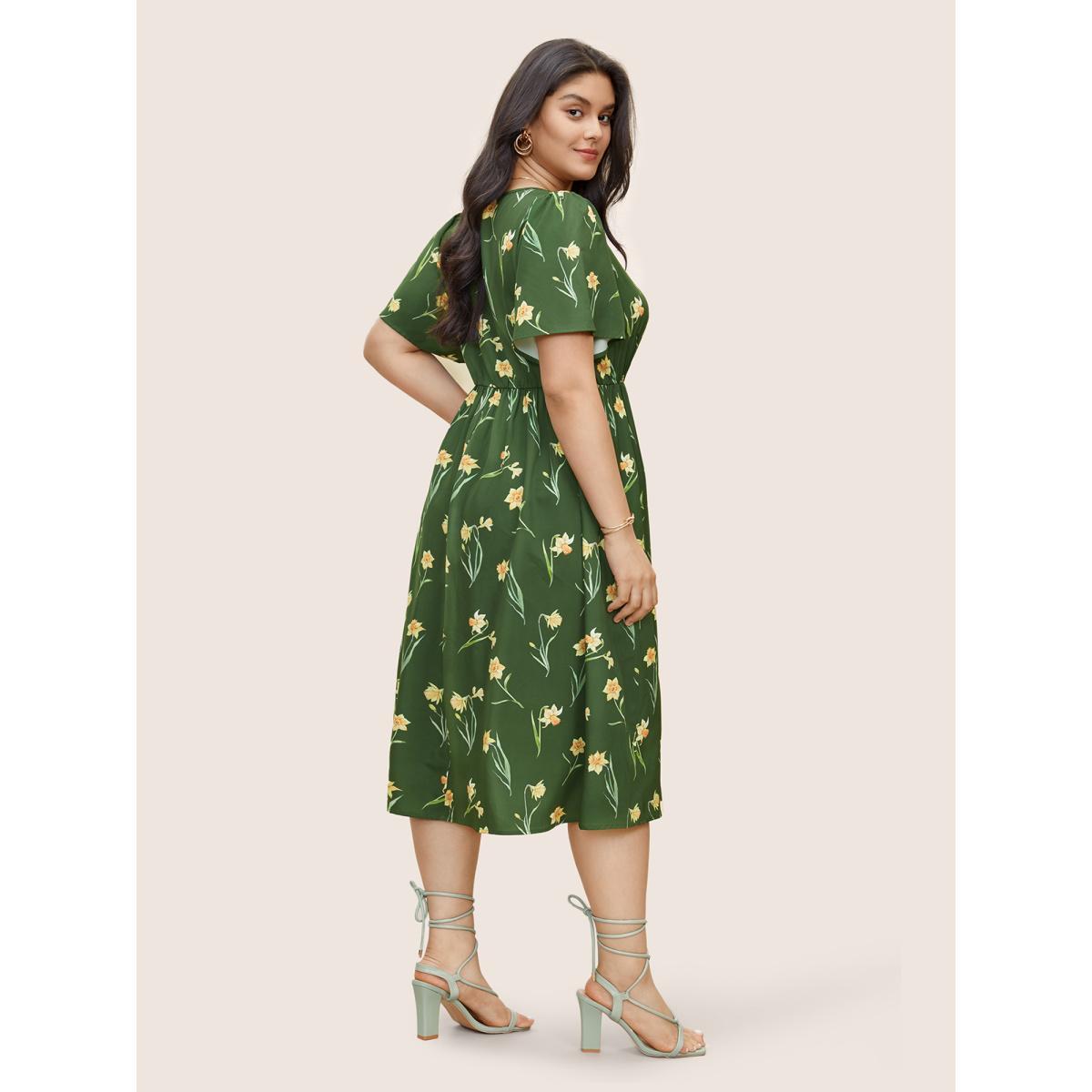 Plus Size Floral Print Gathered Elastic Waist Midi Dress Moss Women Elegant Non Round Neck Short sleeve Curvy Midi Dress BloomChic 18-20/2X Product Image