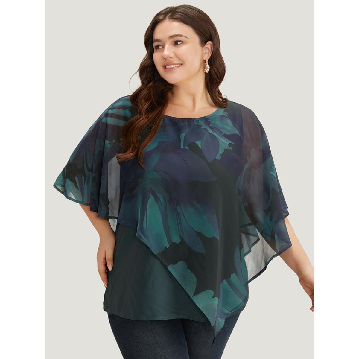 Plus Size Aegean Floral Mesh Asymmetrical Dolman Sleeve Blouse Women Glamour Short sleeve Round Neck Going out Blouses BloomChic 14-16/1X Product Image