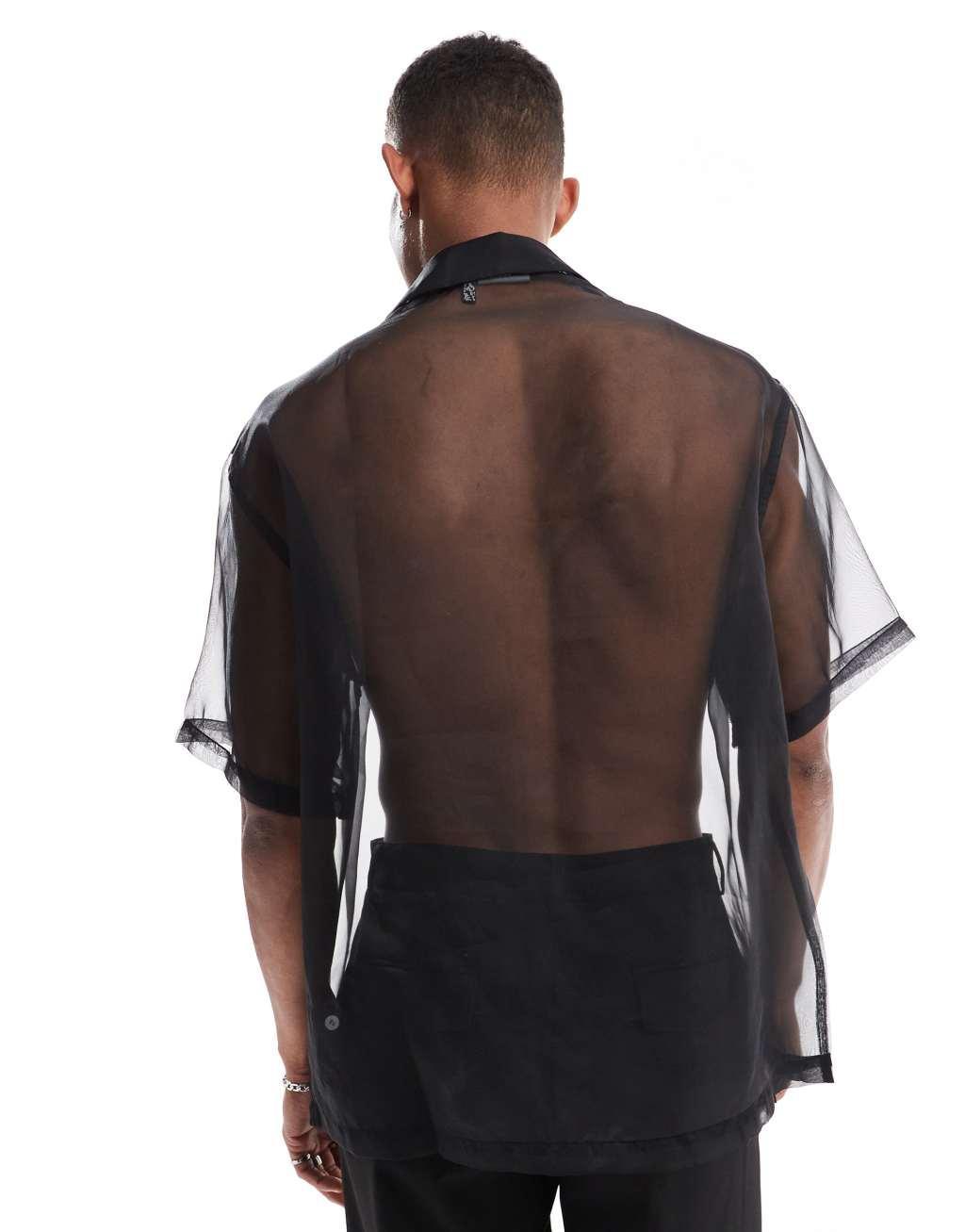 ASOS DESIGN oversized camp collar shirt in organza with palm tree embroidery in black Product Image