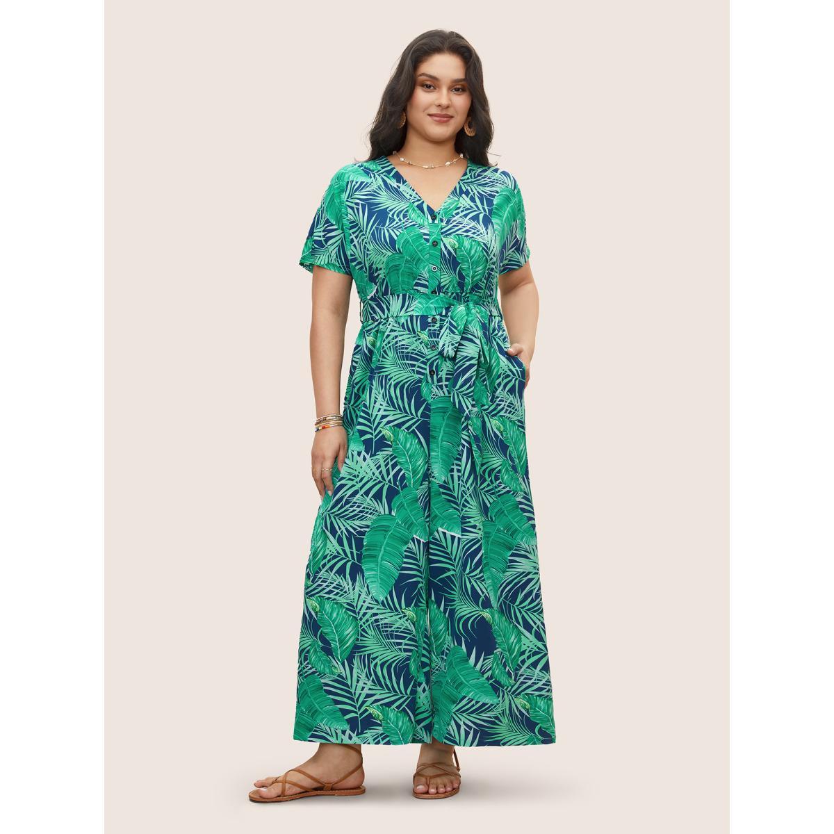 Plus Size Indigo Tropical Print Button Up Belted Jumpsuit Women Resort Short sleeve V-neck Vacation Loose Jumpsuits BloomChic 18-20/2X Product Image