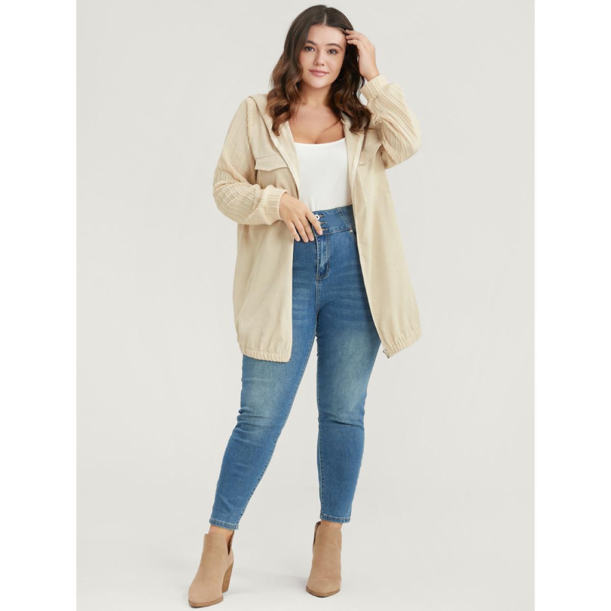 Plus Size Solid Flap Pocket Zip Up Hooded Coat Women Beige Casual Patchwork Ladies Dailywear Winter Coats BloomChic 14-16/1X Product Image