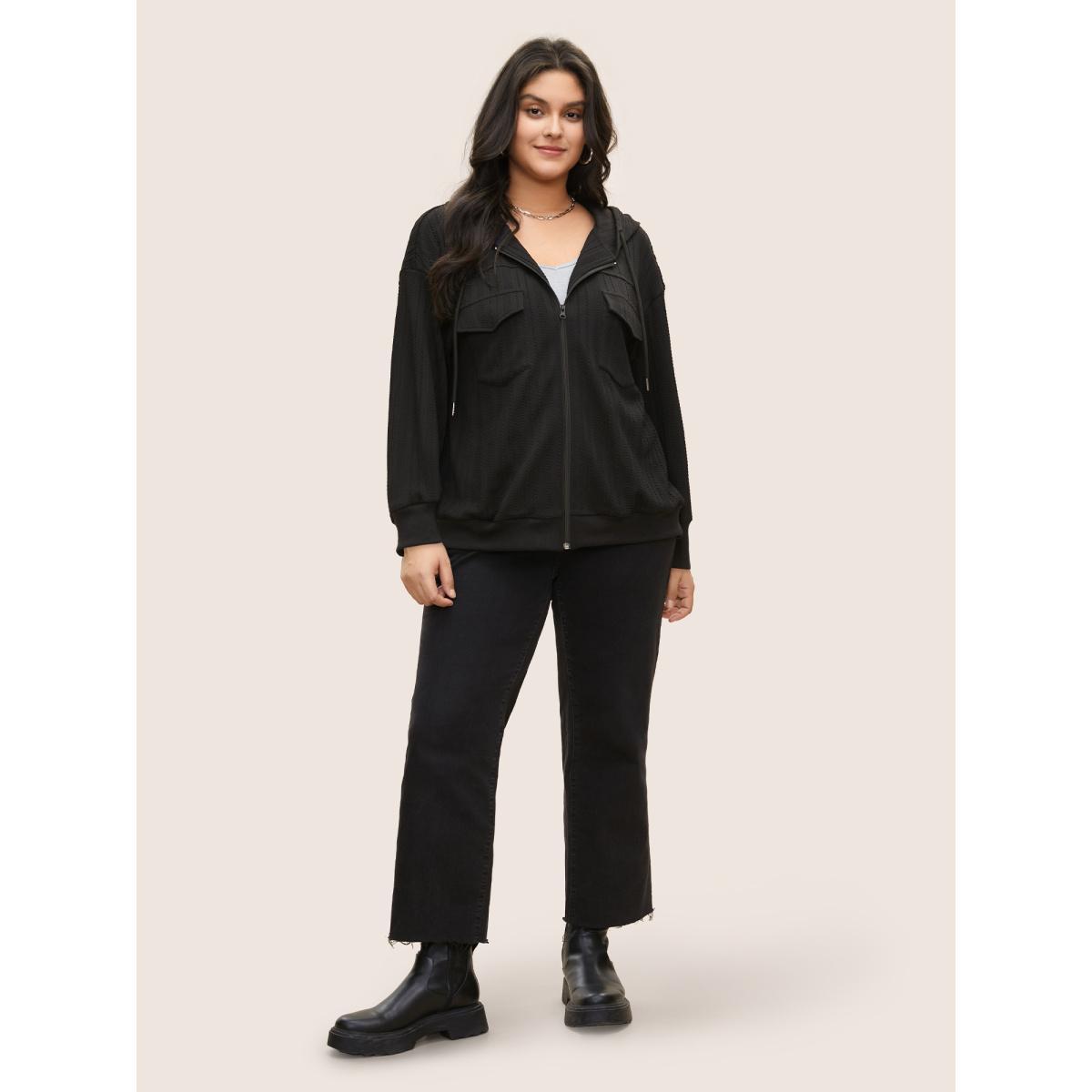 Plus Size Plisse Drawstring Hooded Flap Pocket Front Jacket Women Black Non Patch pocket Everyday Jackets BloomChic 18-20/2X Product Image