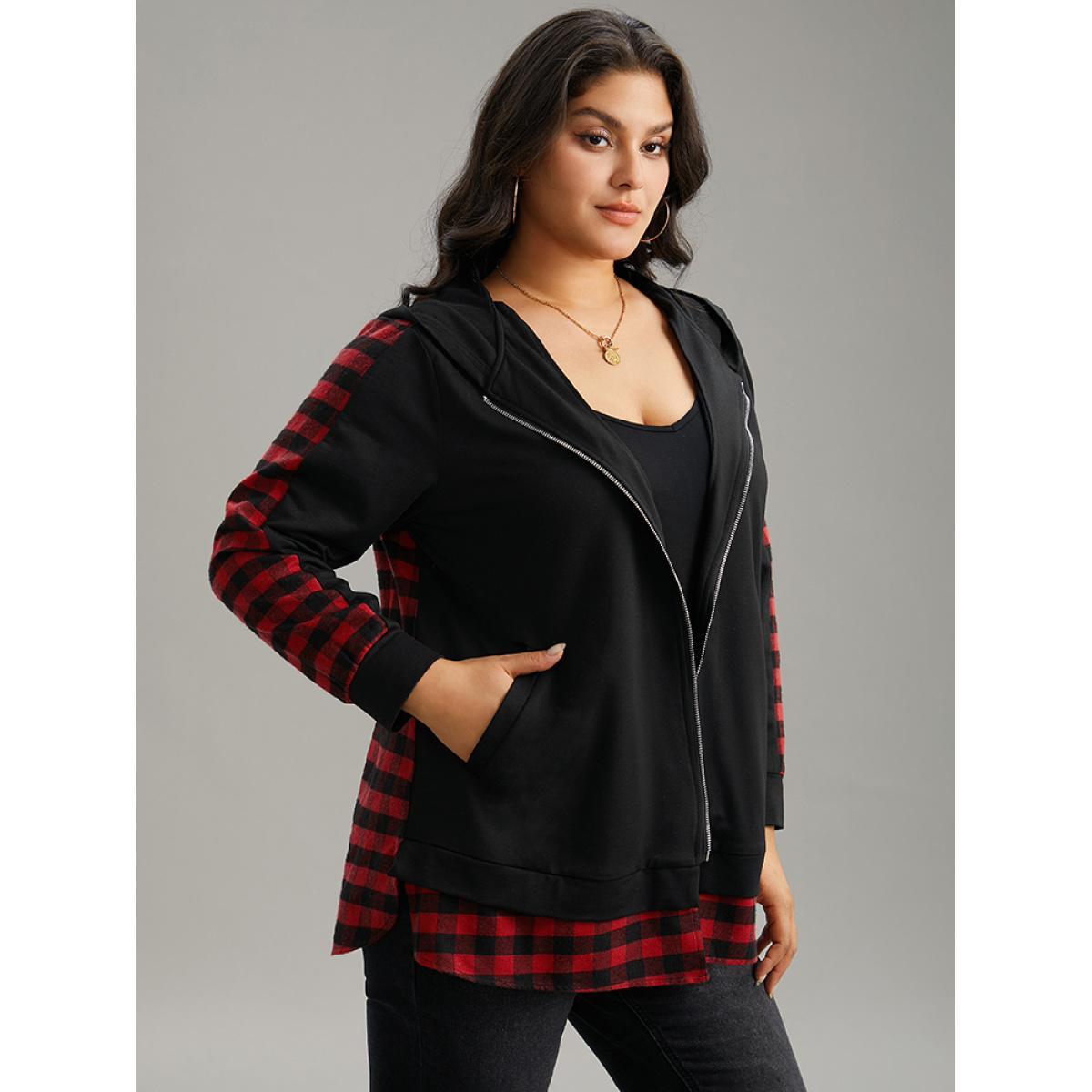 Plus Size Plaid Patchwork Zipper Hooded Asymmetrical Hem Jacket Women Black Contrast Pocket Dailywear Jackets BloomChic 14-16/1X Product Image
