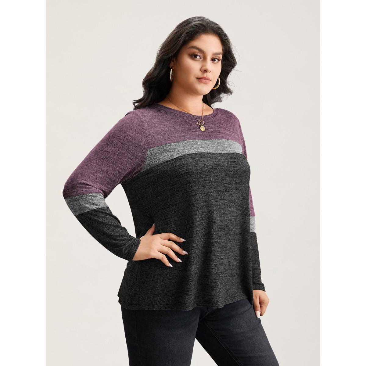 Plus Size Heather Colorblock Contrast Crew Neck T-shirt Black Women Casual Texture Plain Round Neck Everyday T-shirts BloomChic 30/6X Product Image